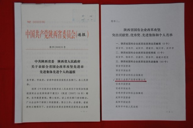 2009年2月，被陜西省委、省政府授予陜西省國有企業(yè)改革攻堅先進集體